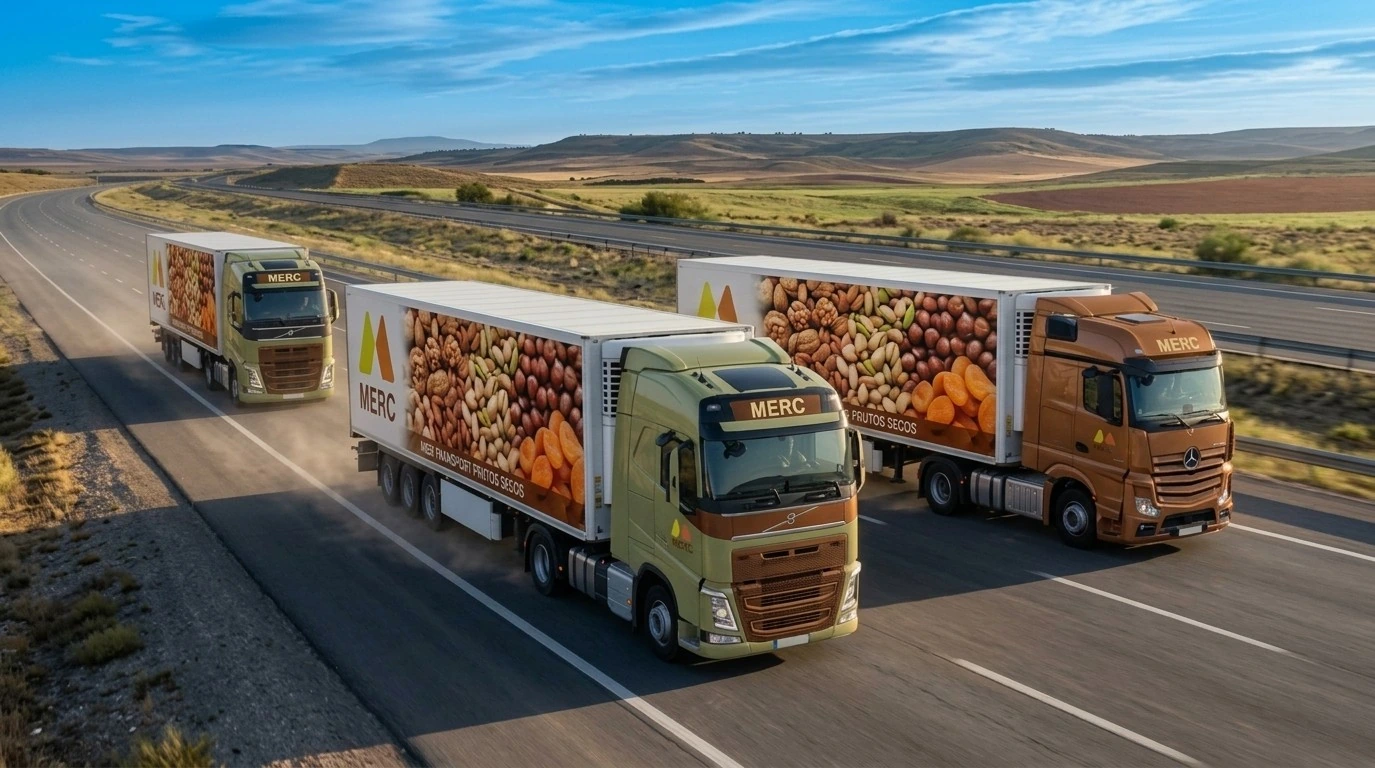 Camiones de carga con el logo de MERC transportando frutos secos
